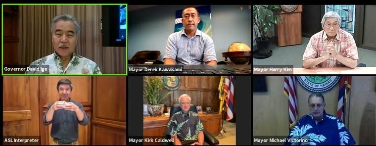 Gov. David Ige holds a Zoom session with county mayors Thursday. (Screen capture/Courtesy)